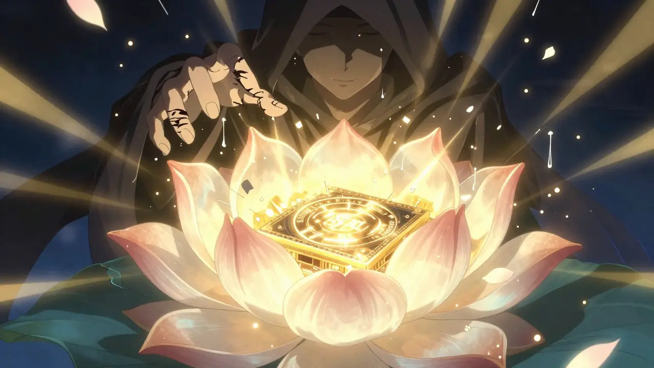 A quantum-resistant HSM blooming as a lotus with glowing post-quantum runes, radiating golden light to shatter a hacker's glitching hands.