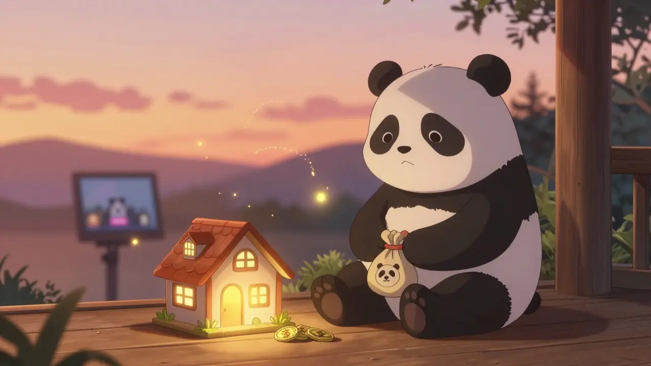 A solitary panda avatar sits peacefully at sunset with $PANDO tokens and NFT items nearby, bathed in warm golden light and digital fireflies.