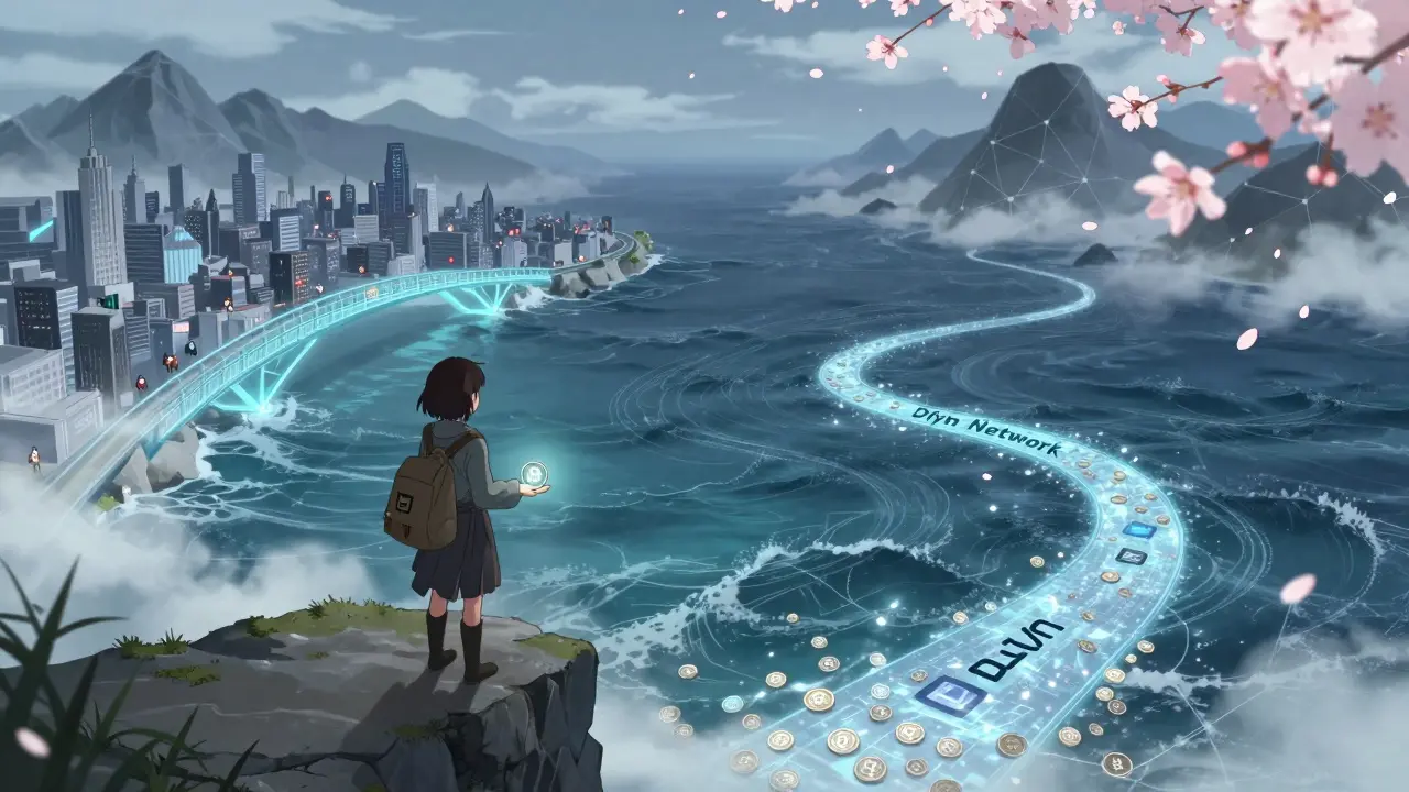 A trader at a cliff’s edge, torn between a busy trading city and a fragile path labeled Dfyn Network, with a glowing token in hand.