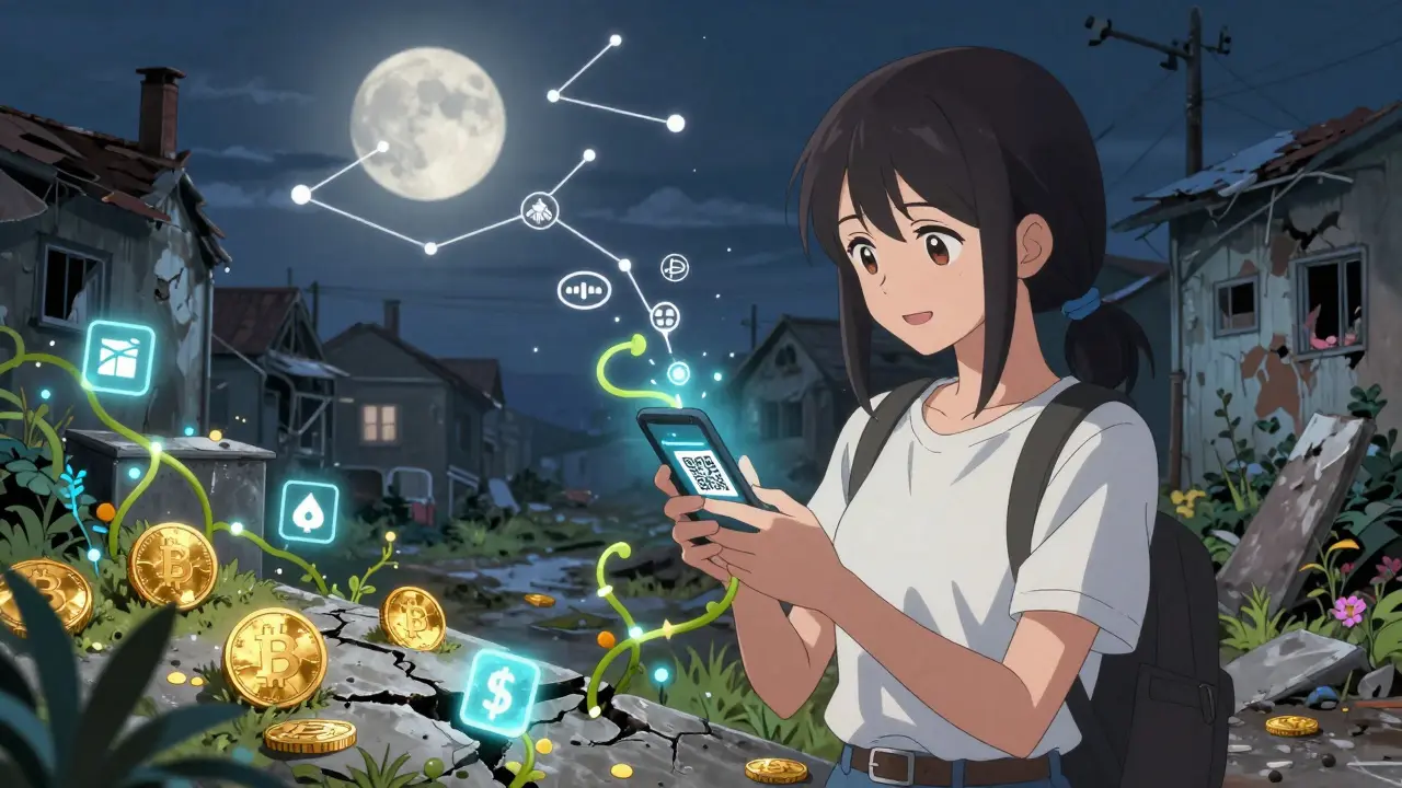 A Ukrainian woman receiving crypto via QR code as digital vines grow around her damaged neighborhood.