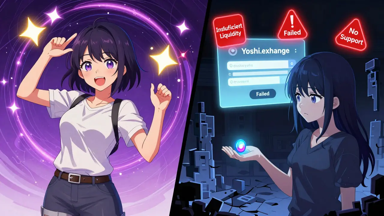A user succeeds on SpookySwap while another struggles with failed transactions on Yoshi.exchange, shown side-by-side in a shoujo manga style.