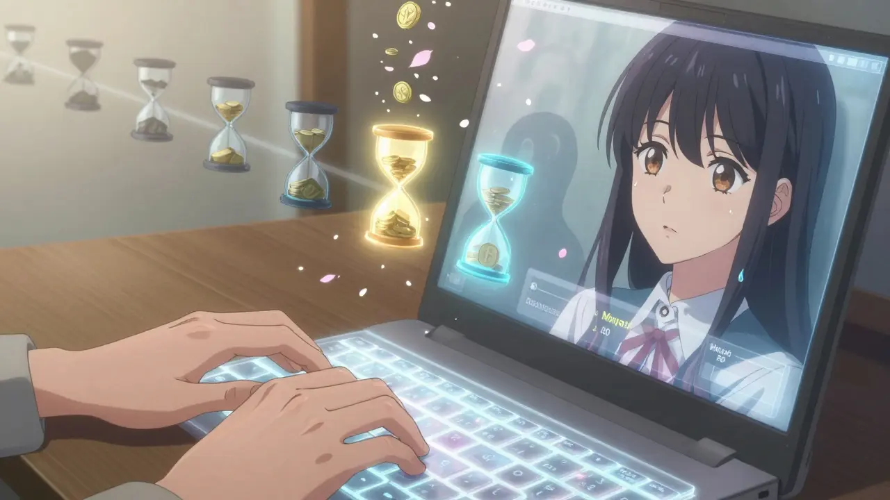 A young woman types on a holographic keyboard, her reflection showing a wallet interface with failed swap shadows in the background.