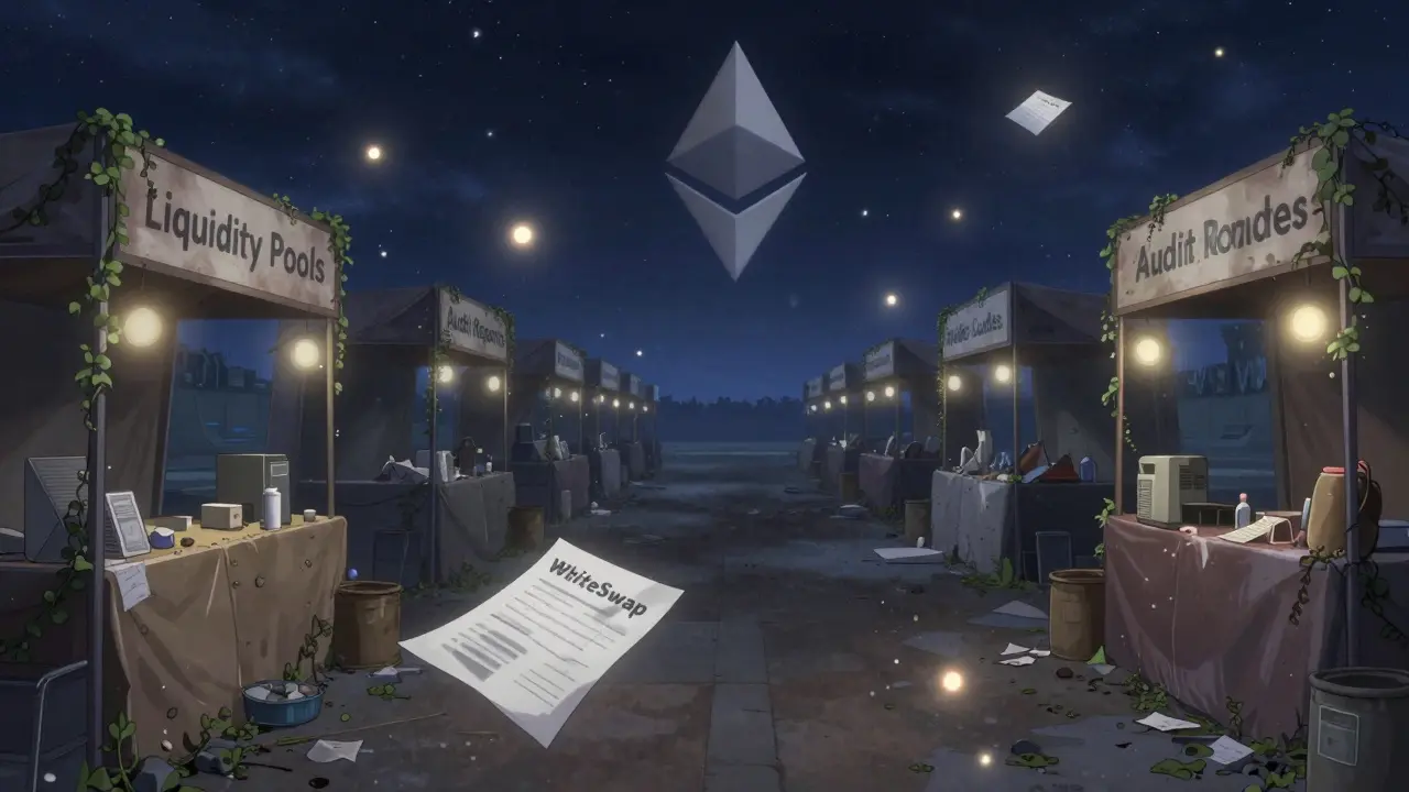 An abandoned crypto marketplace with dusty signs, one paper blowing away in the wind.