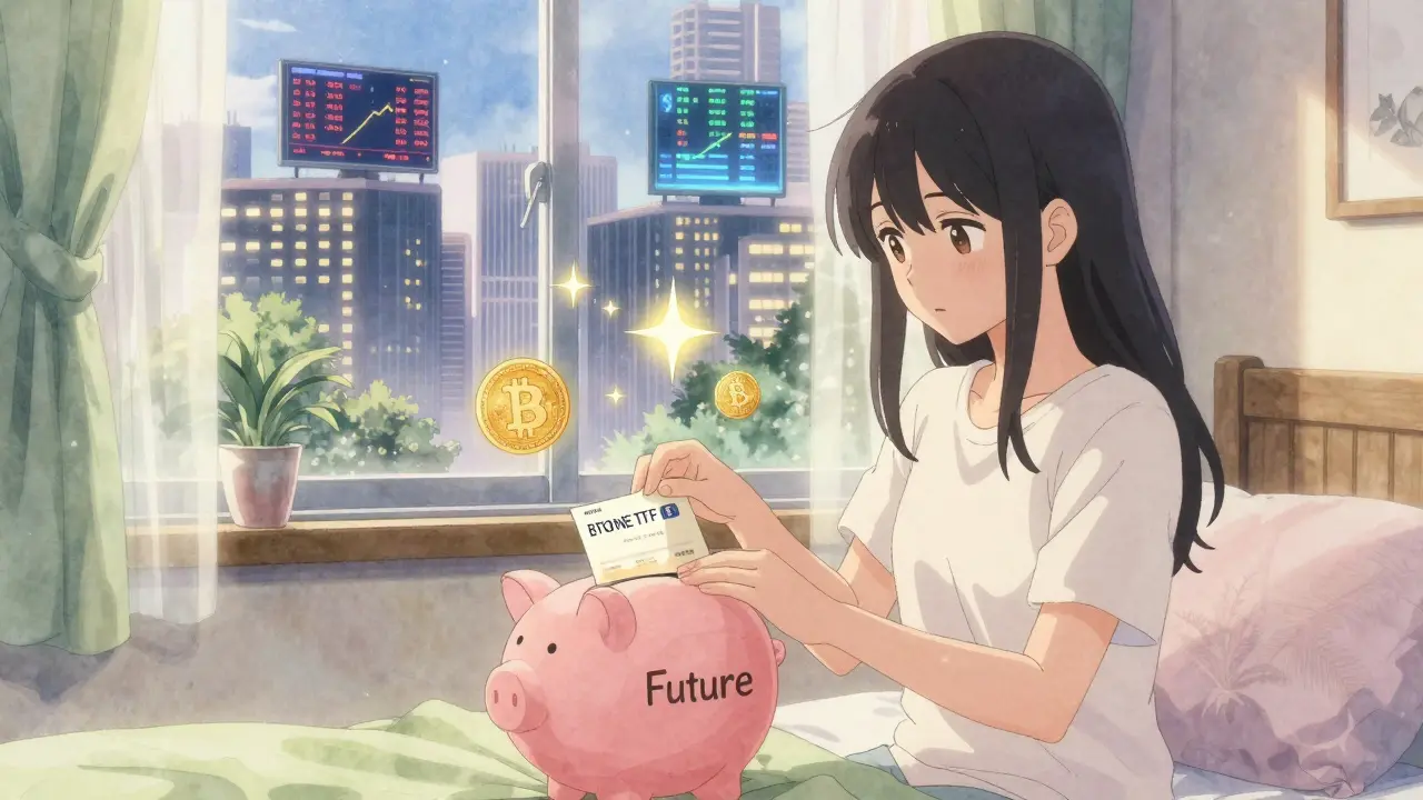 An American woman placing a Bitcoin ETF certificate into a piggy bank with digital price charts visible outside.