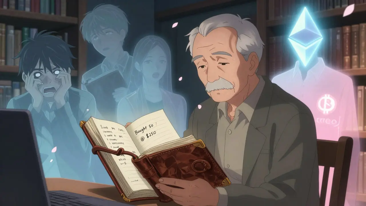 An elderly man in a library opening a journal from 2014, with ghostly versions of himself during crypto crashes and staking moments around him.
