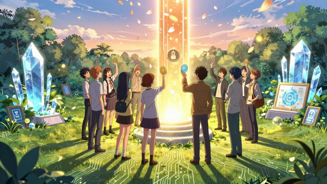 Anime group gathering around light pillar for community governance voting.