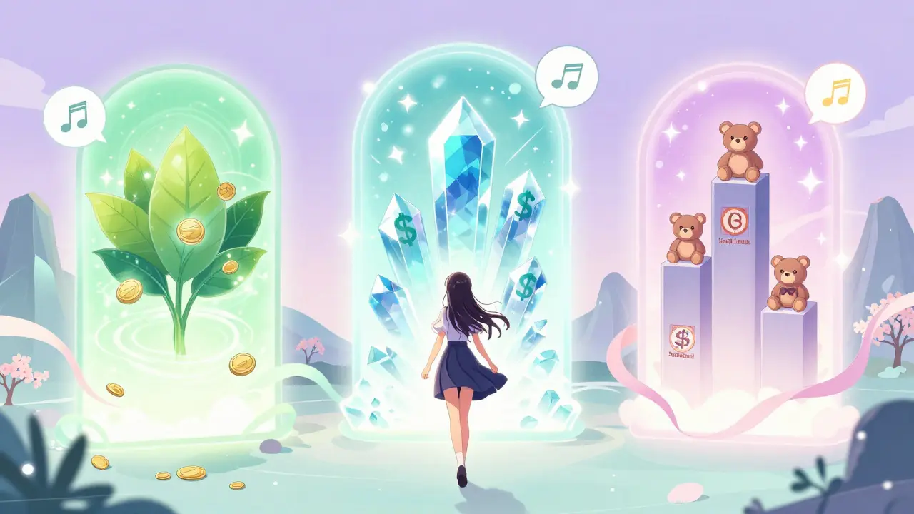 Character explores three DeFi portals with financial symbols