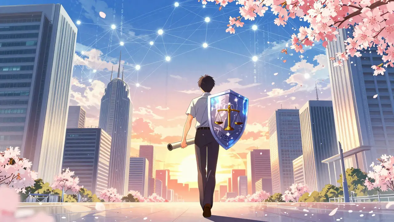 Character walking through futuristic regulated financial city.