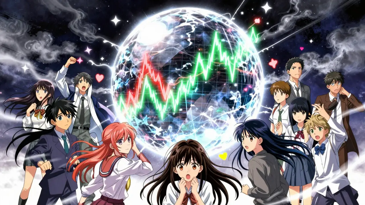 Crowd watching a volatile fluctuating energy crystal orb.