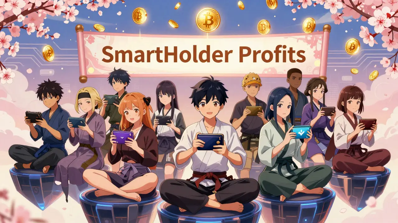 Diverse traders in a digital dojo as Bitcoin and BTS coins rain down, surrounded by blossoms and circuit patterns.