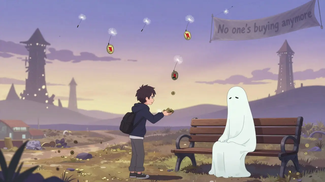 Floating NUT tokens drift like dandelion seeds over an empty bench where only a ghost remains.