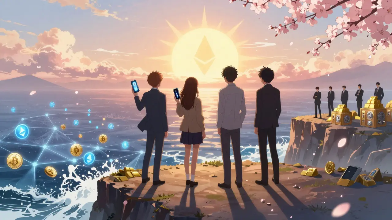 Four people on a cliff at sunrise holding hardware wallets, with Bitcoin and Ethereum icons rising like suns as altcoin symbols fall into the sea below.