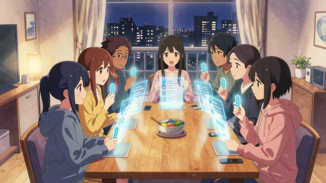 Friends gather around a table, redeeming AZIT tokens for home service discounts.