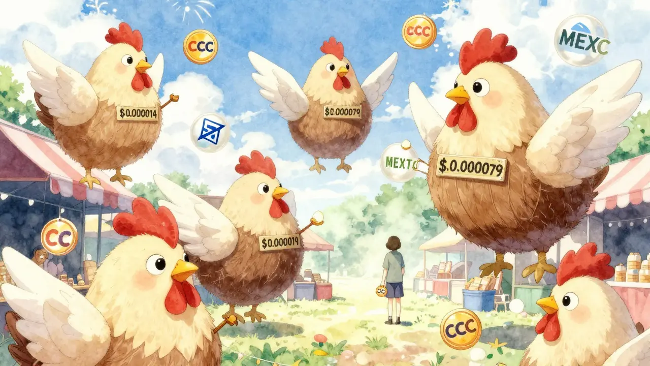 Giant coconut chickens trading on floating exchange logos in a dreamy digital marketplace.