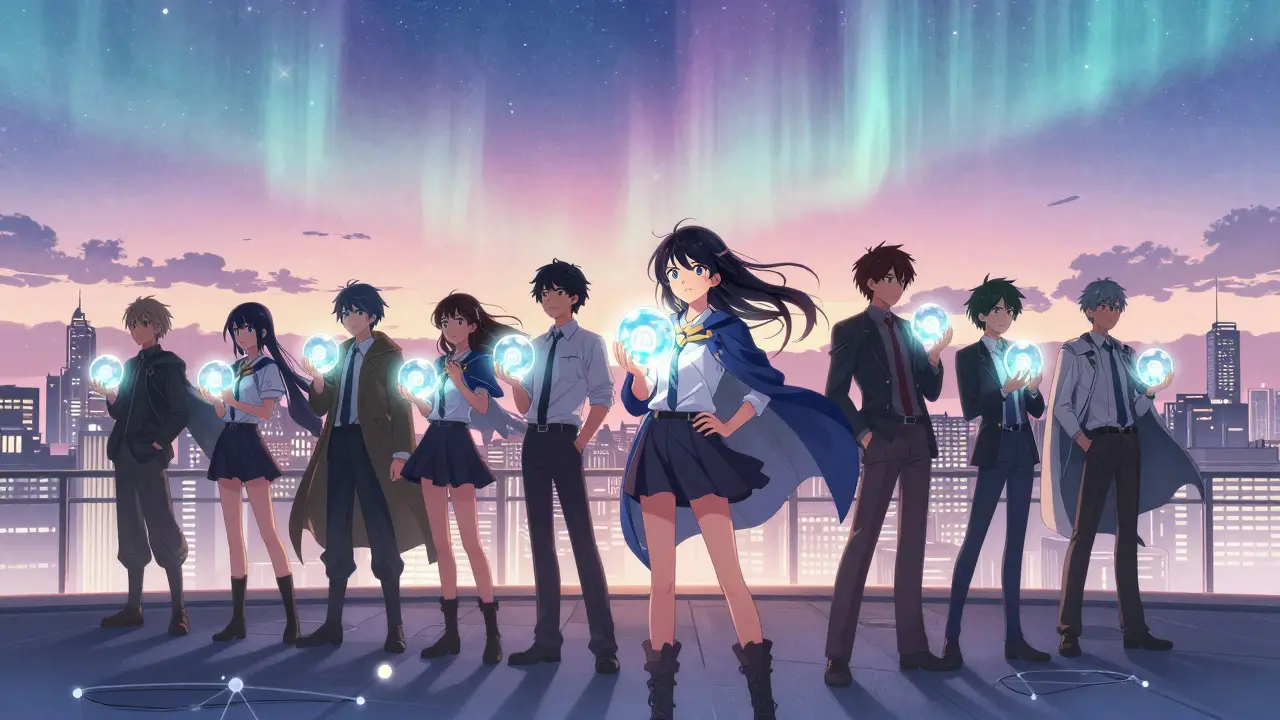 Group of avatars holding glowing orbs over digital city skyline