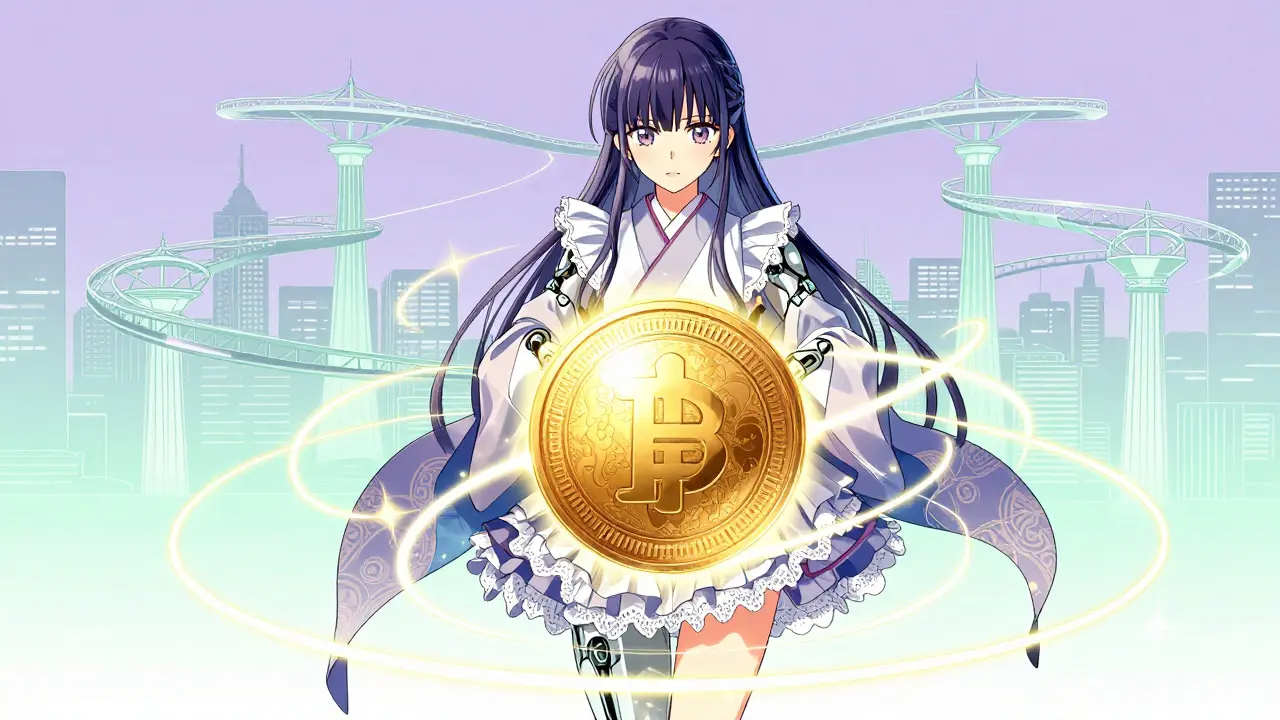 Guardian protecting glowing sphere symbolizing stablecoin security mechanisms.