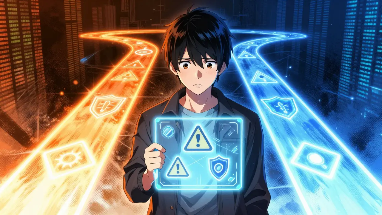 Person choosing between two glowing blockchain technology paths.