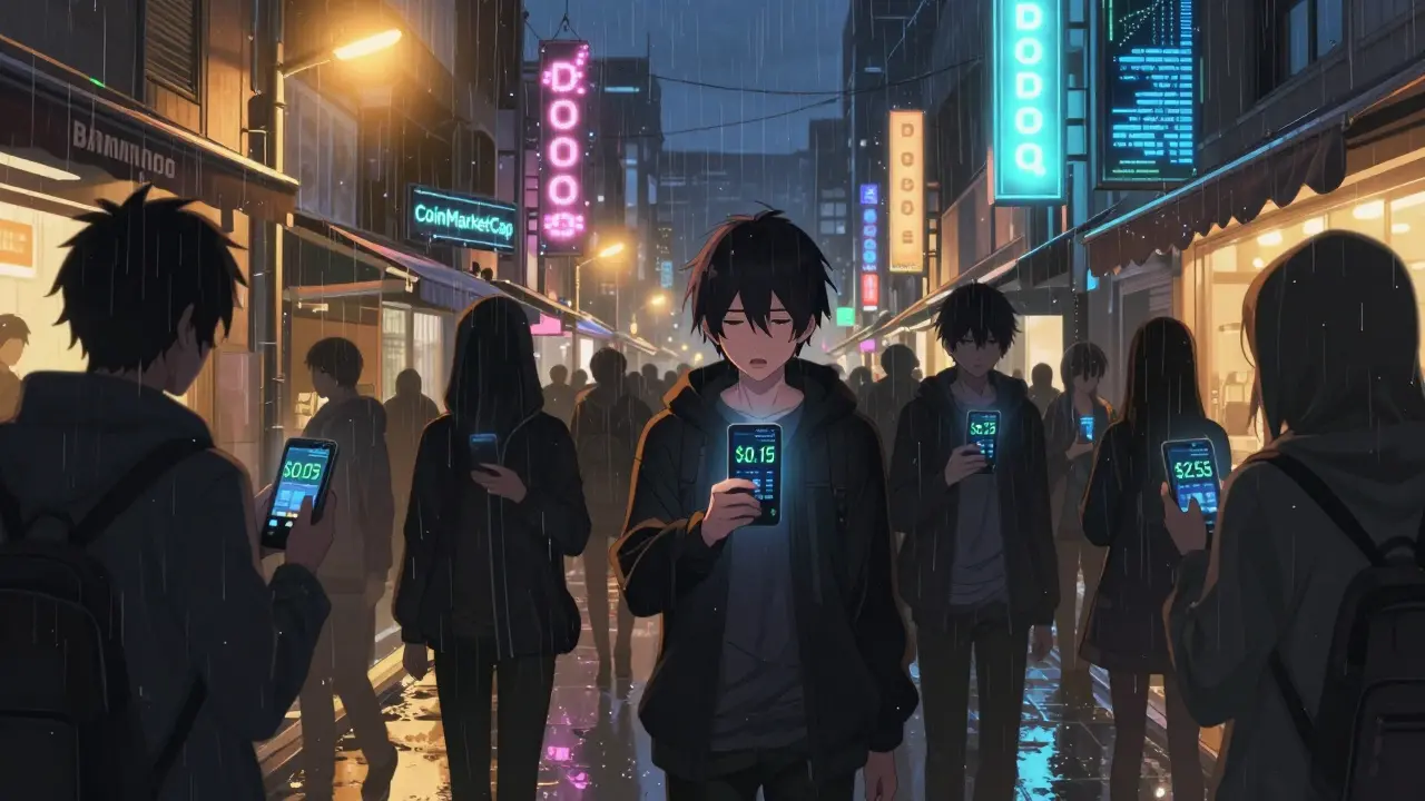 Shadowy traders in a digital marketplace check conflicting DOODOO prices on flickering devices.