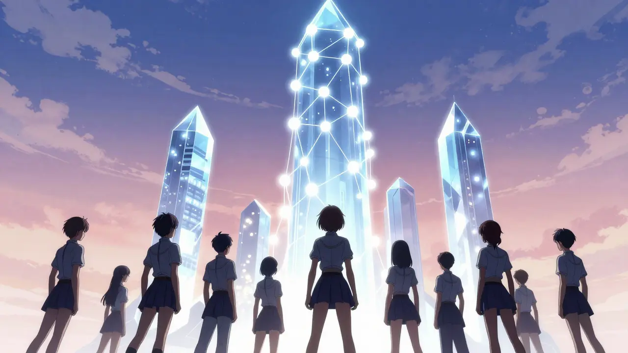 Stylized guardians protecting a bright network tower against darkness