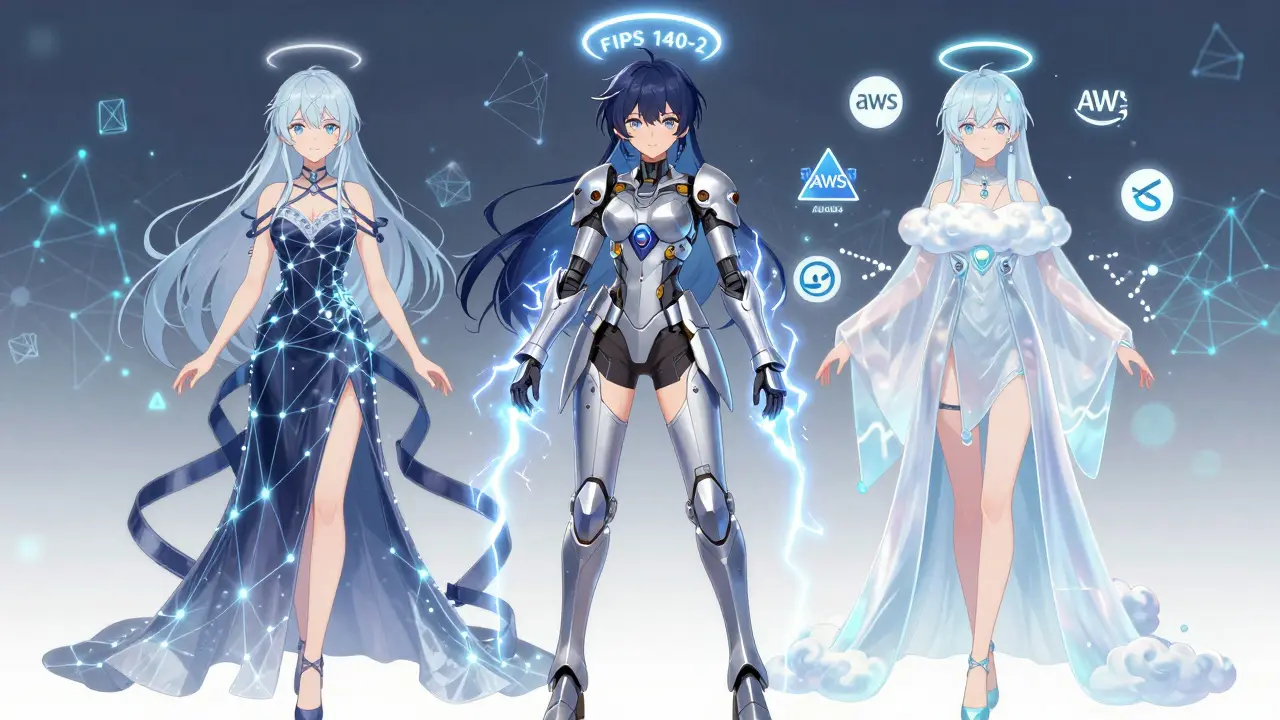 Three elegant characters representing network, PCIe, and cloud HSMs standing together under a FIPS certification halo, surrounded by pulsing blockchain nodes.