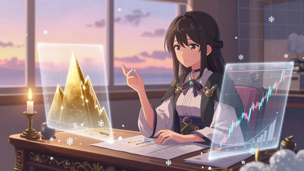 Trader examines crystal stock charts with snowflakes on desk