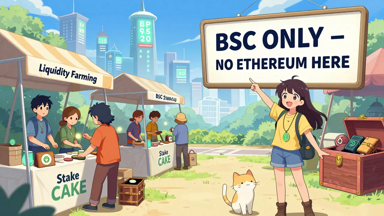 Traders exchange tokens in a colorful BSC marketplace, guided by a cat companion, with a clear 'BSC ONLY' sign and block towers glowing in the background.