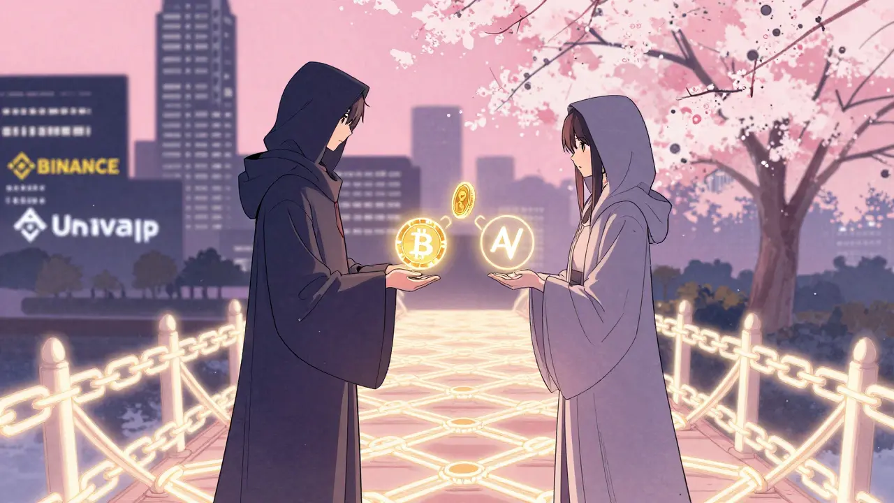 Two hooded figures exchange crypto coins on a glowing blockchain bridge, while centralized exchanges fade behind them.