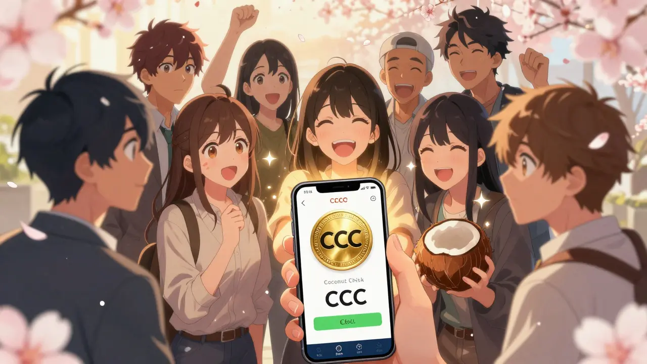 Young crypto fans cheering around a phone showing Coconut Chicken token prices with confetti.