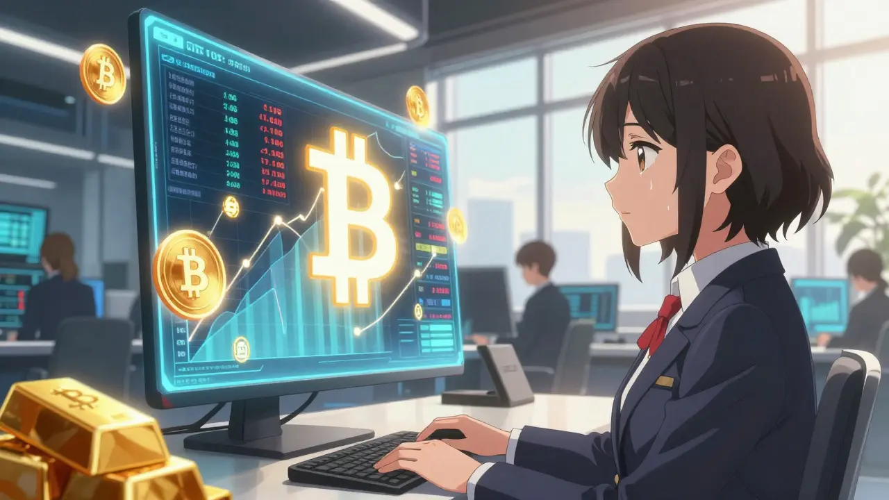 Young professionals in a futuristic ETF floor watch Bitcoin’s price rise as traditional assets fade in the background.