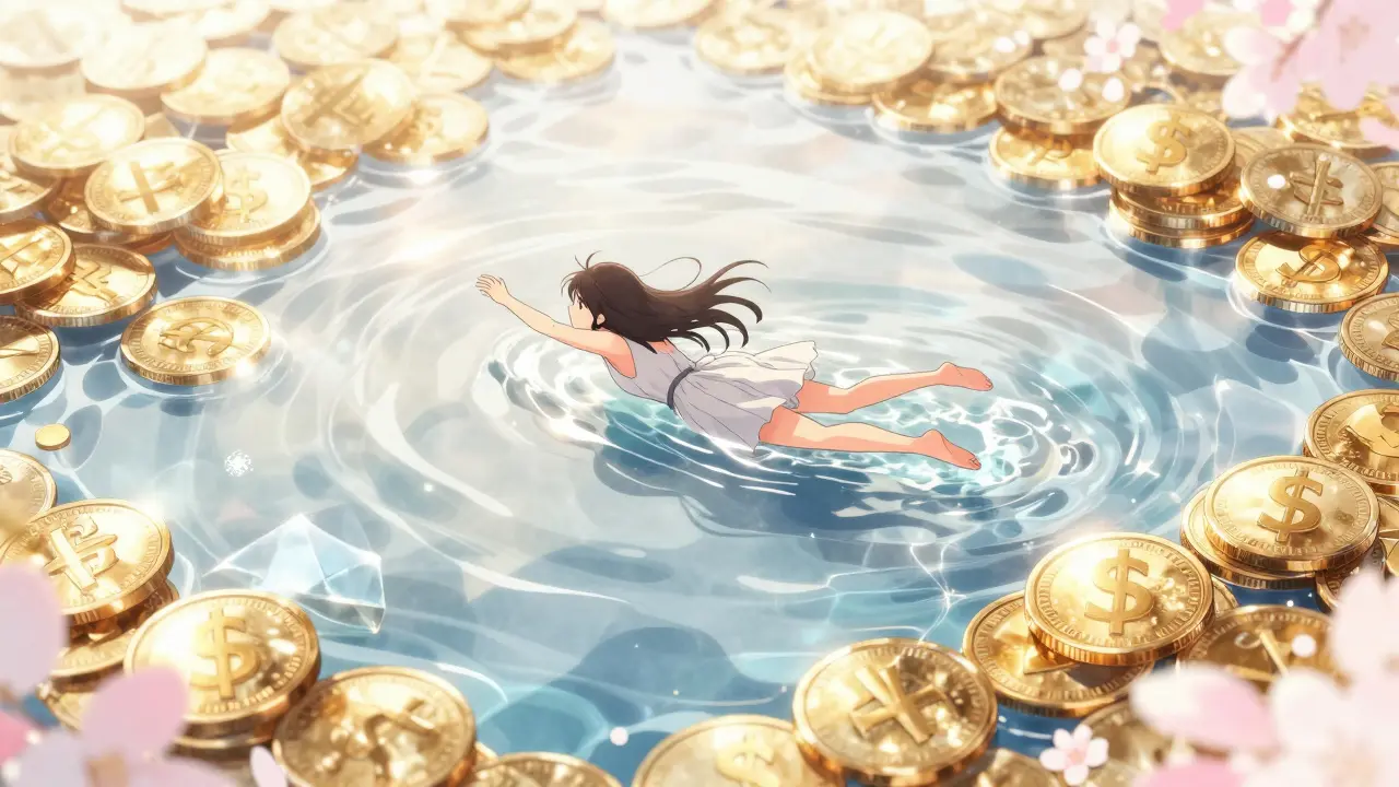 A character gliding over a shimmering lake of golden coins in shoujo manga style.