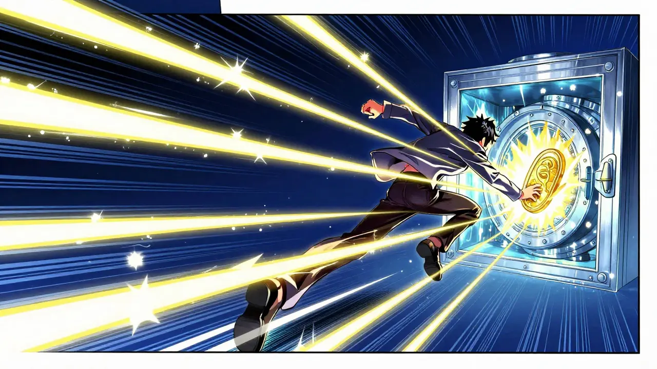 A character performing a high-speed digital token swap with electric sparks in shoujo manga style.