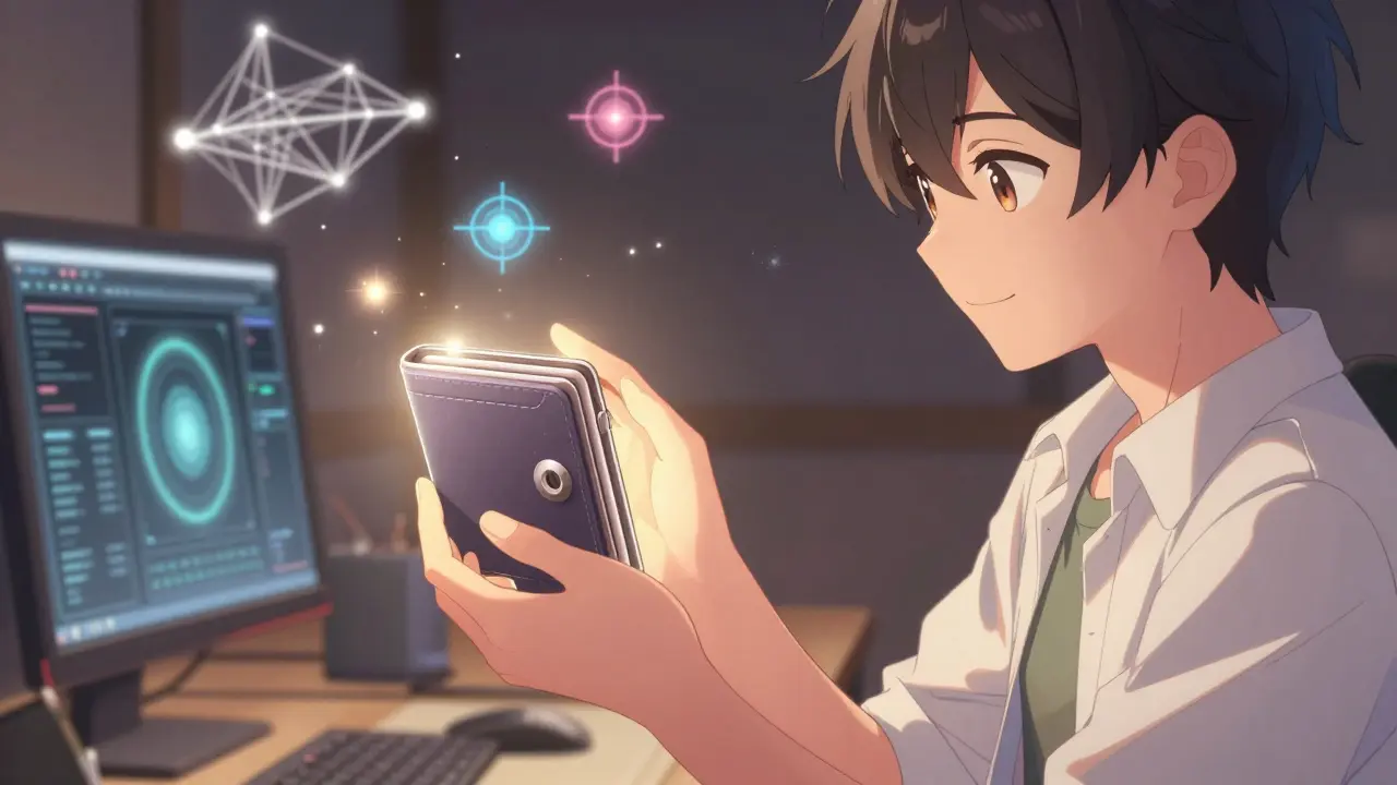A character smiling while holding a glowing digital wallet in shoujo manga style.