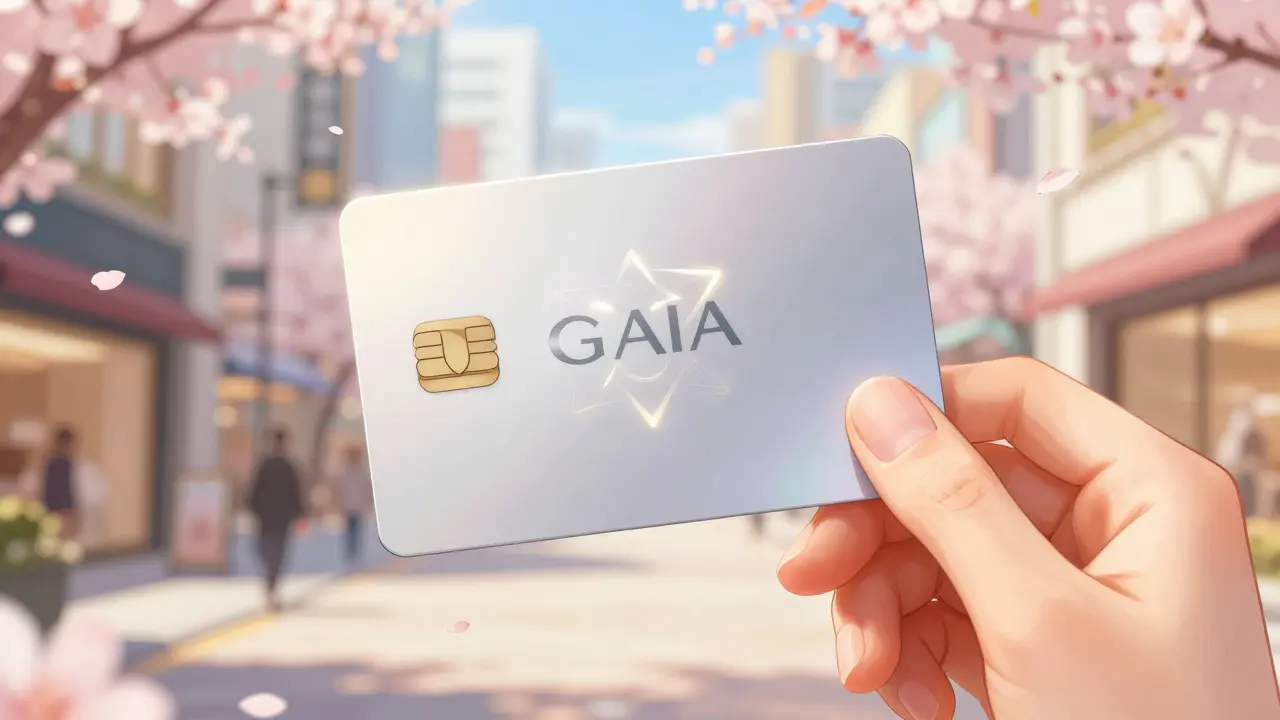 A close-up of a pearlescent GAIA payment card held by a hand in a romanticized city setting.
