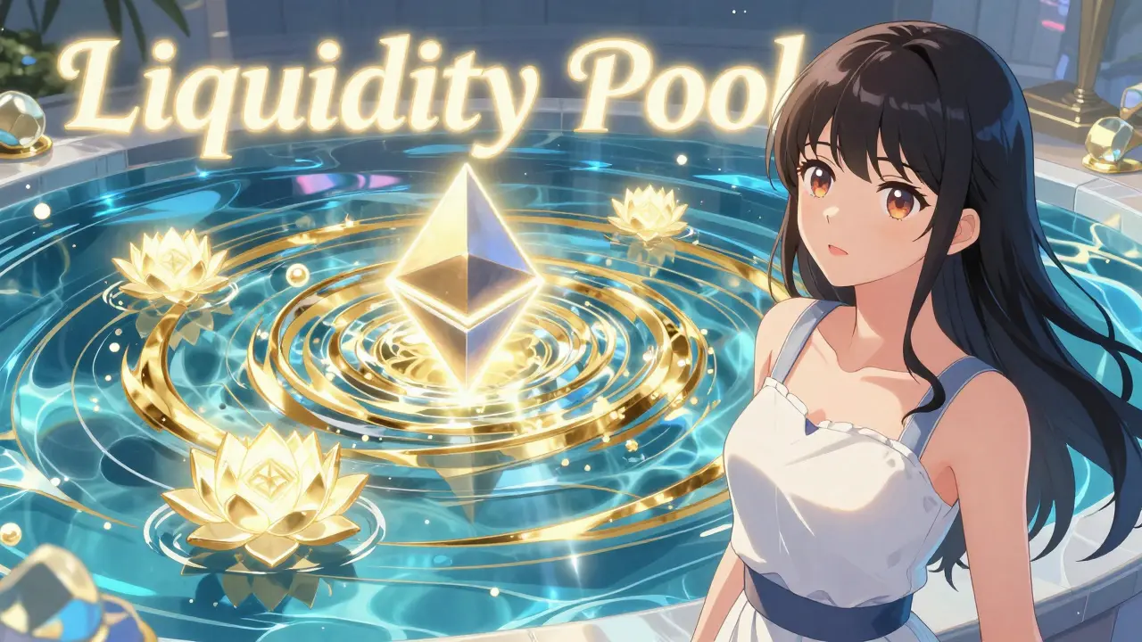 A crystalline pool of glowing tokens with an elegant figure in a dreamy shoujo manga setting.