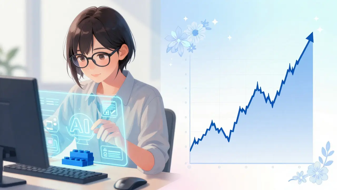 A developer interacting with holographic AI modules alongside a financial growth chart.