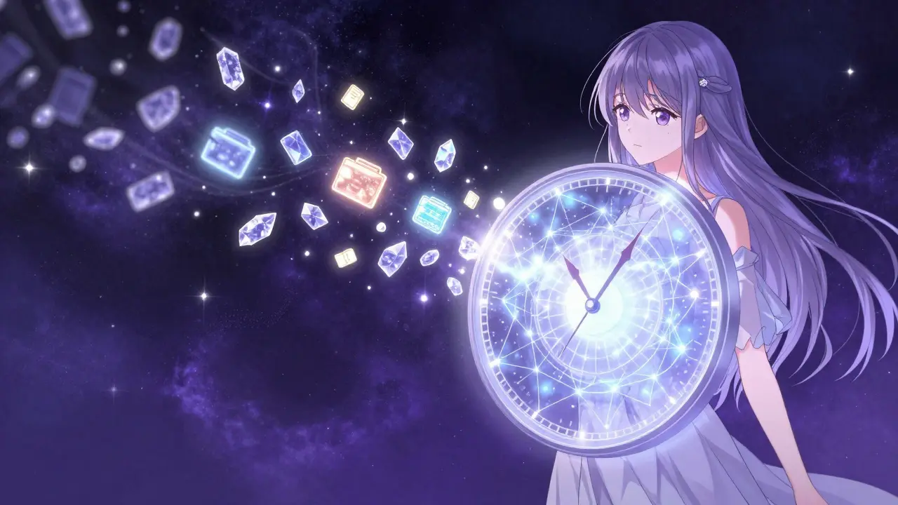 A mystical cosmic clock capturing a blockchain snapshot of digital wallets