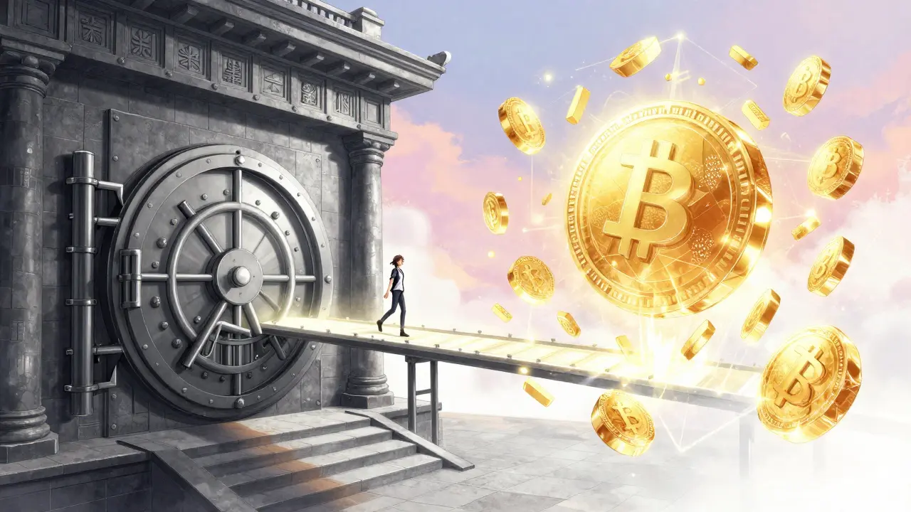 A person crossing a bridge of light from a traditional bank to a glowing digital financial hub.