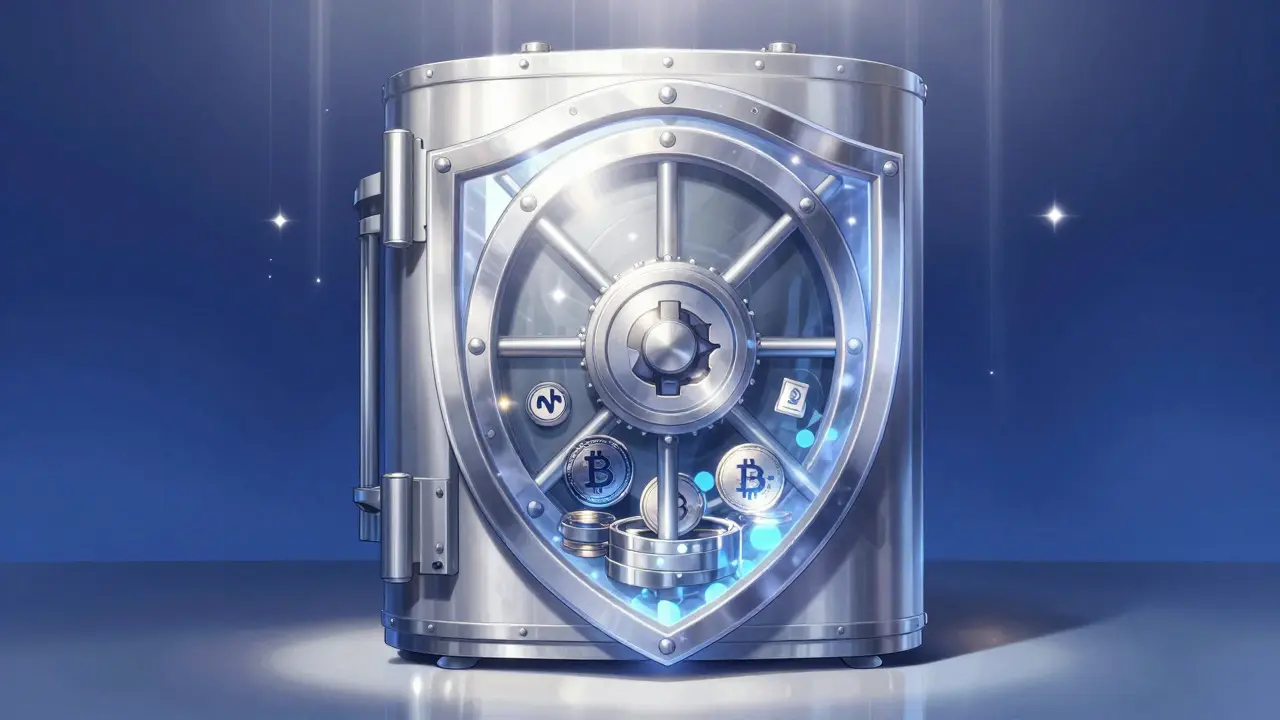 A secure silver vault protected by a glowing shield in a dreamy anime style
