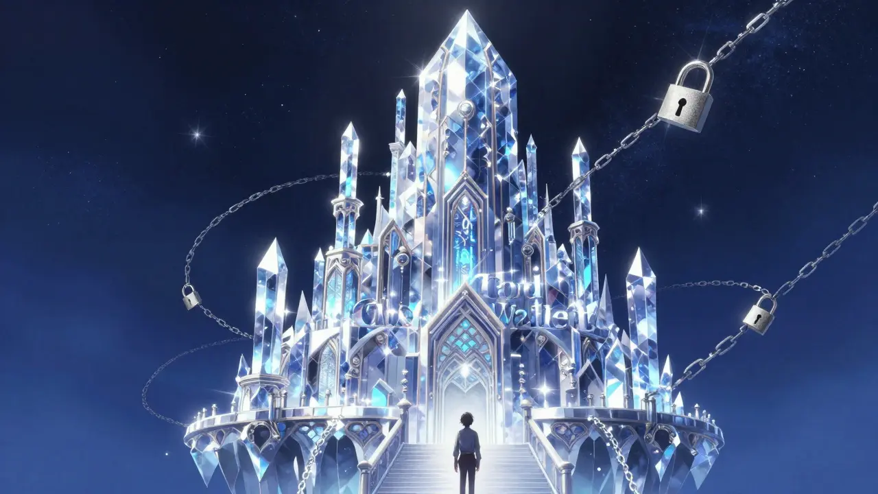 A shimmering crystal fortress in a starry sky representing secure crypto storage in shoujo manga style.