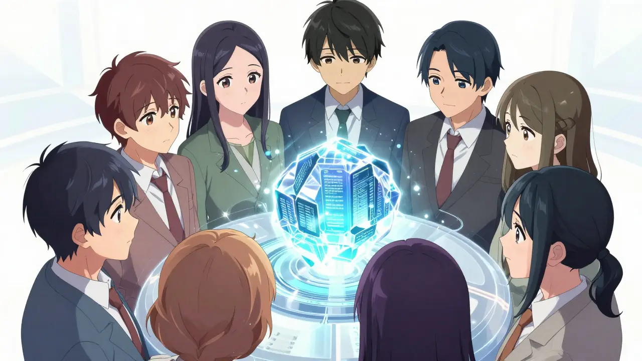 A small group of professional anime characters agreeing on a transaction at a digital core.
