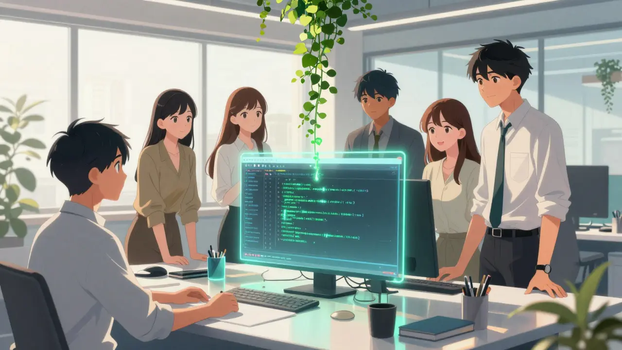 A team of developers working together around a glowing holographic code repository.