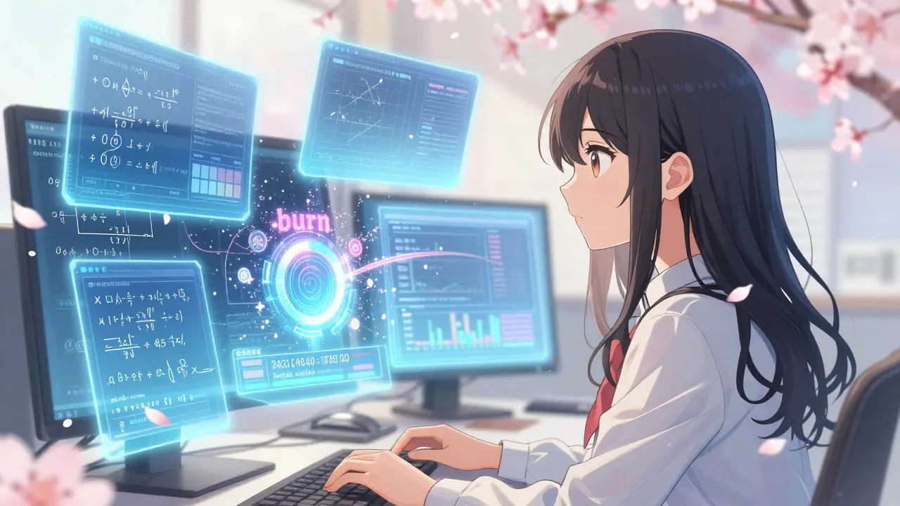 A woman analyzing holographic tokenomics and supply charts with sparkling digital effects.