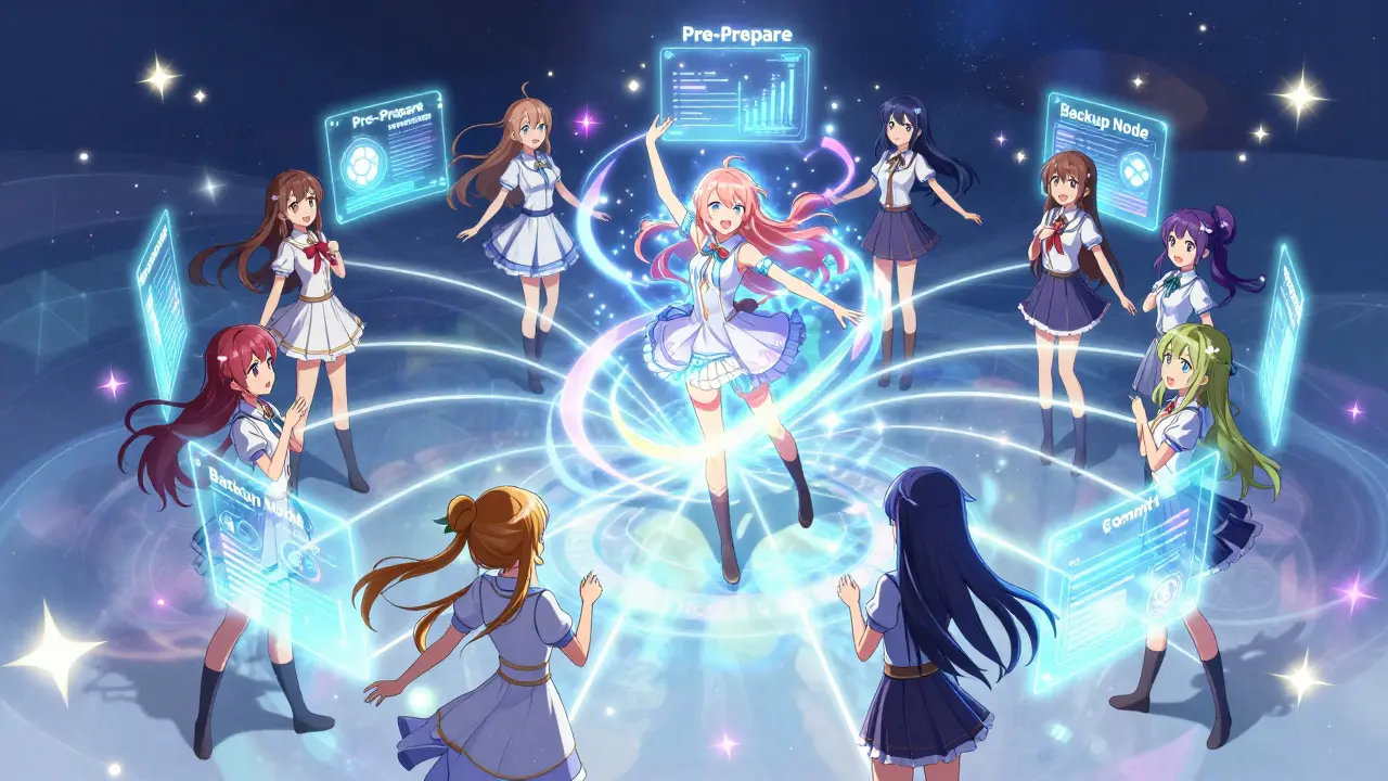 Anime characters as network nodes exchanging glowing messages in a magical sequence.