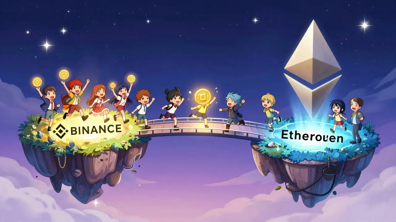 Anime characters moving tokens across a glowing bridge between two digital islands