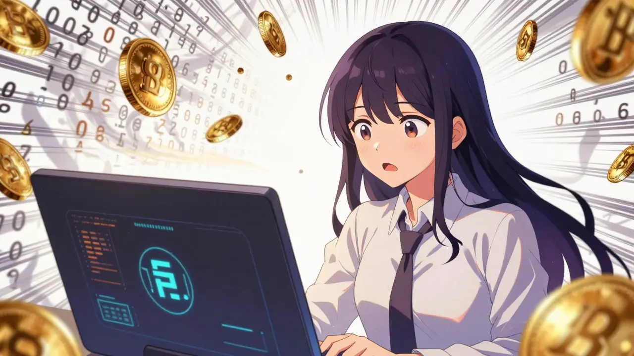 Anime girl surrounded by a whirlwind of numbers and coins in shoujo manga style