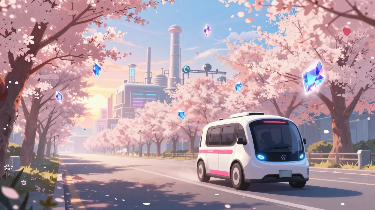 Autonomous taxi and smart factory in a scenic cherry blossom setting