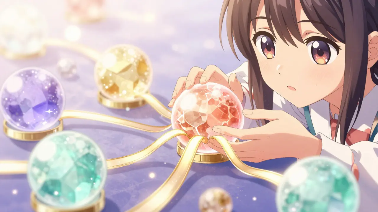 Character tending to crystalline liquidity pools connected by ribbons of light in a dreamy manga garden.