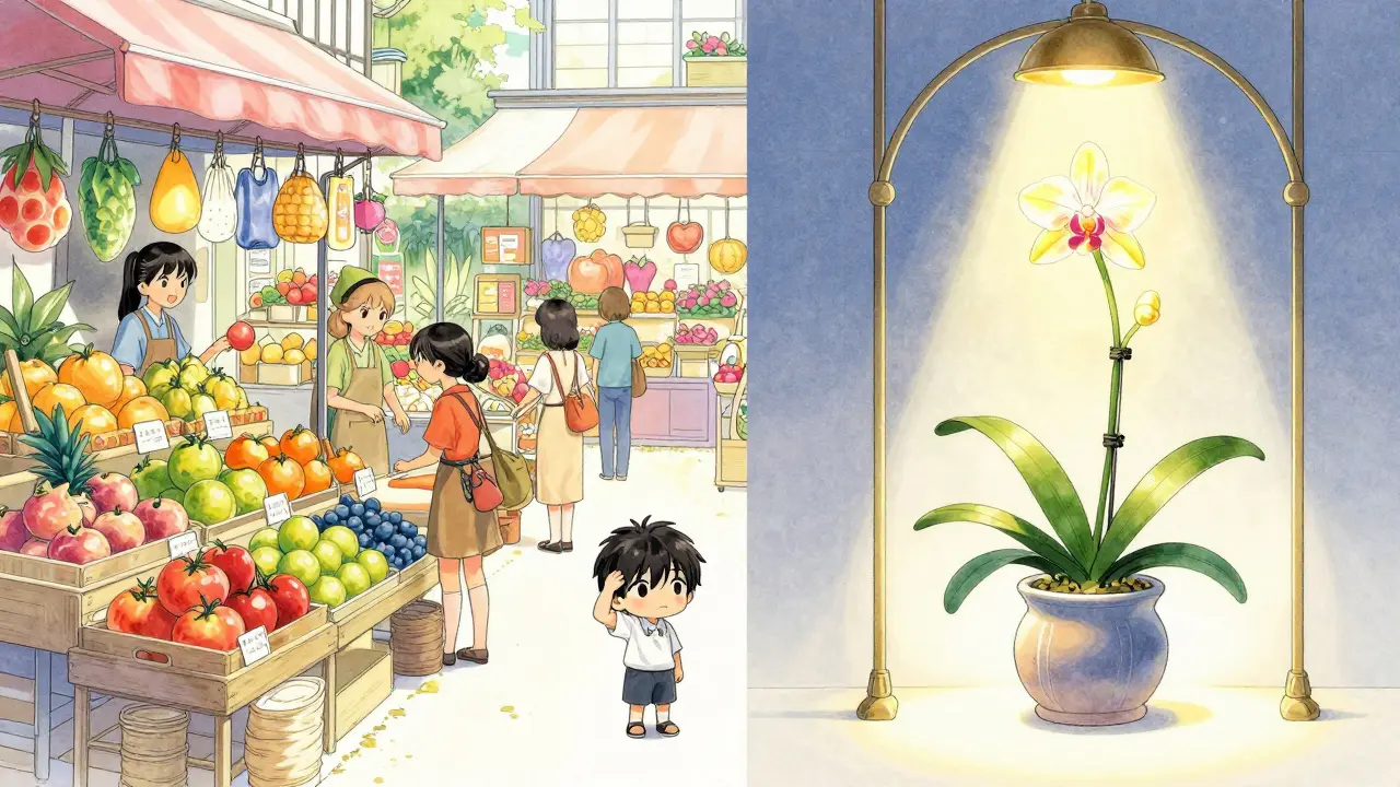 Comparison between a crowded bazaar and a rare orchid shop in manga style