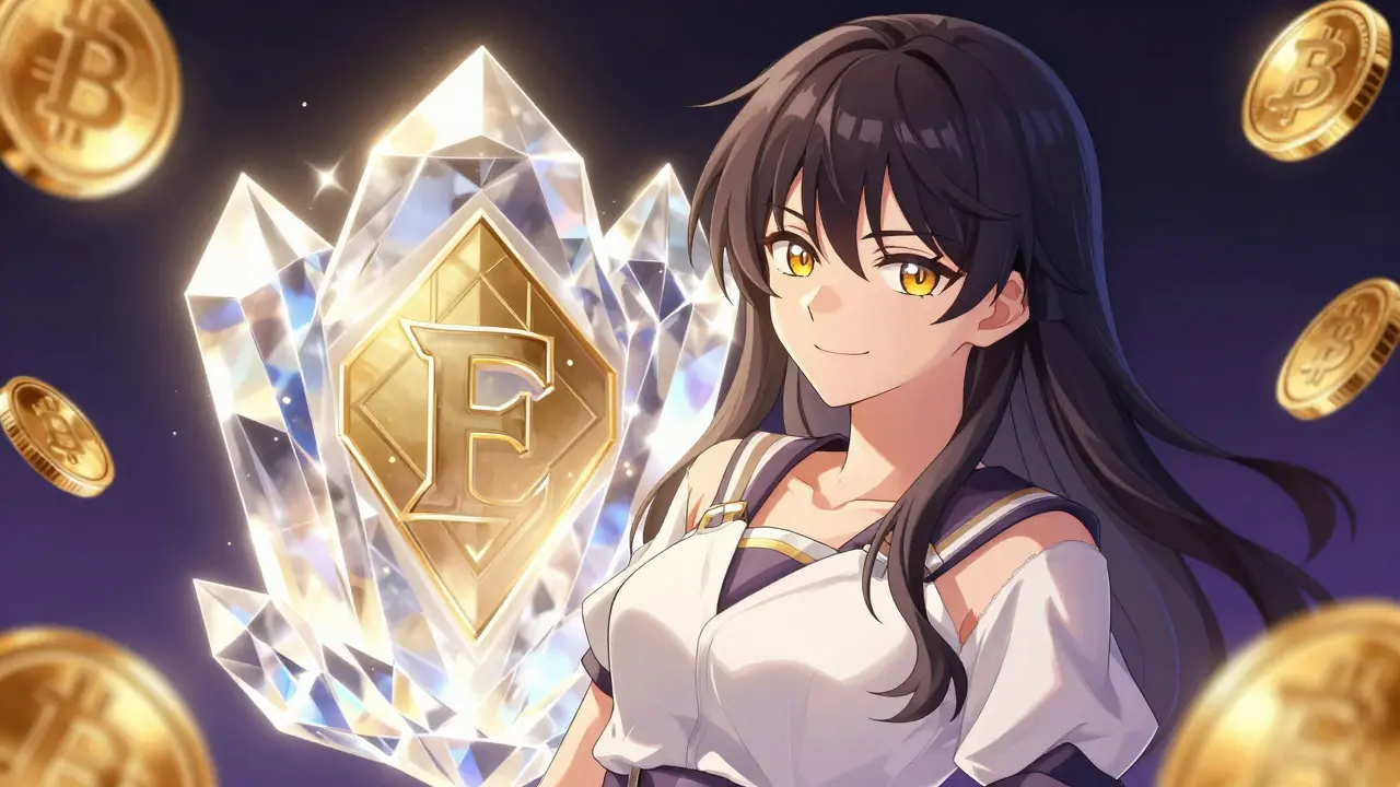 Confident anime character leaning against a shimmering crystal blockchain structure.