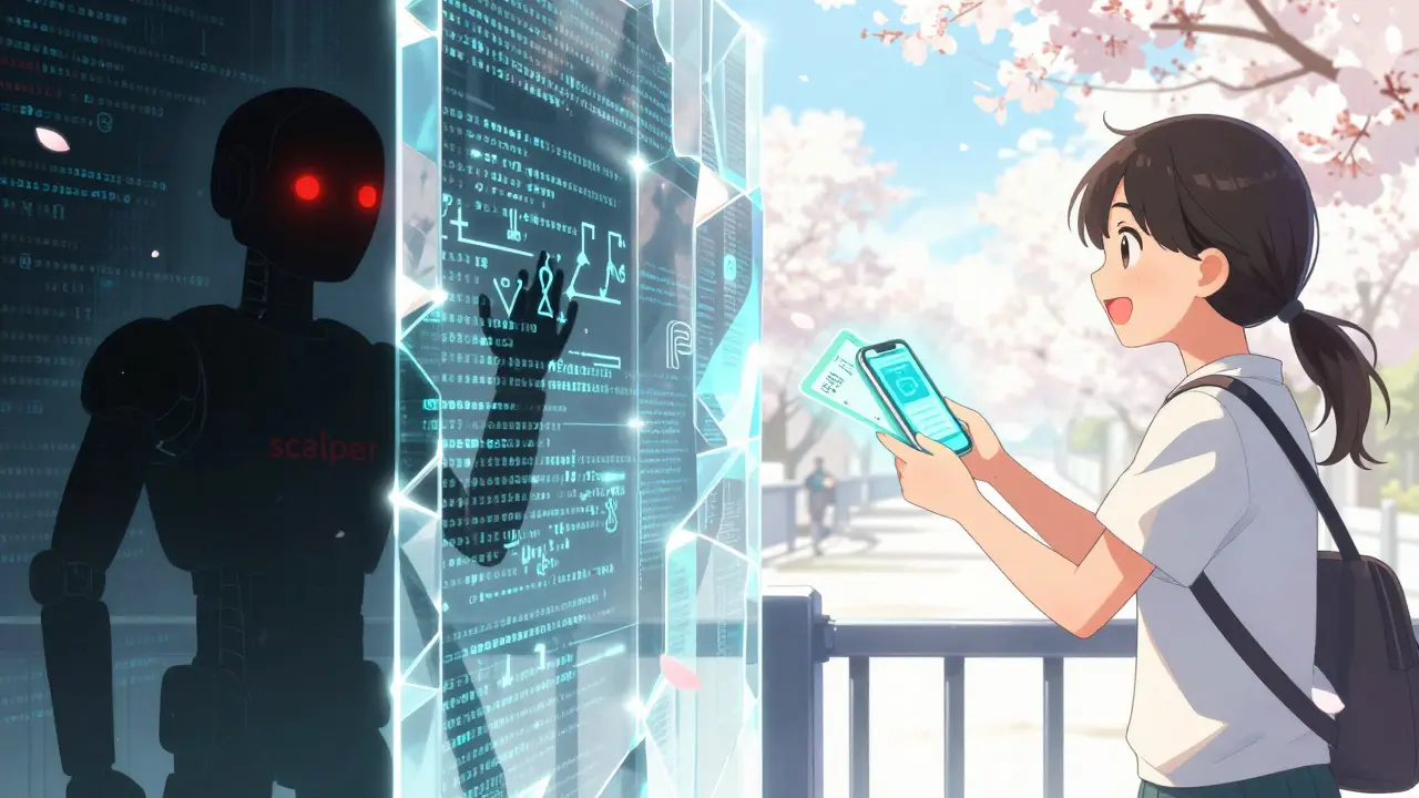Crystalline smart contract wall blocking a shadowy bot in shoujo manga style
